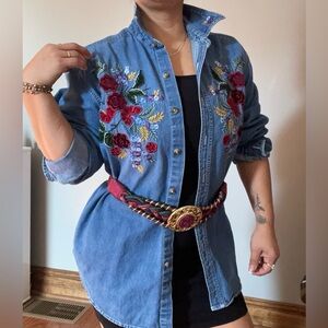 Floral Embroidered Denim Long Sleeve Top